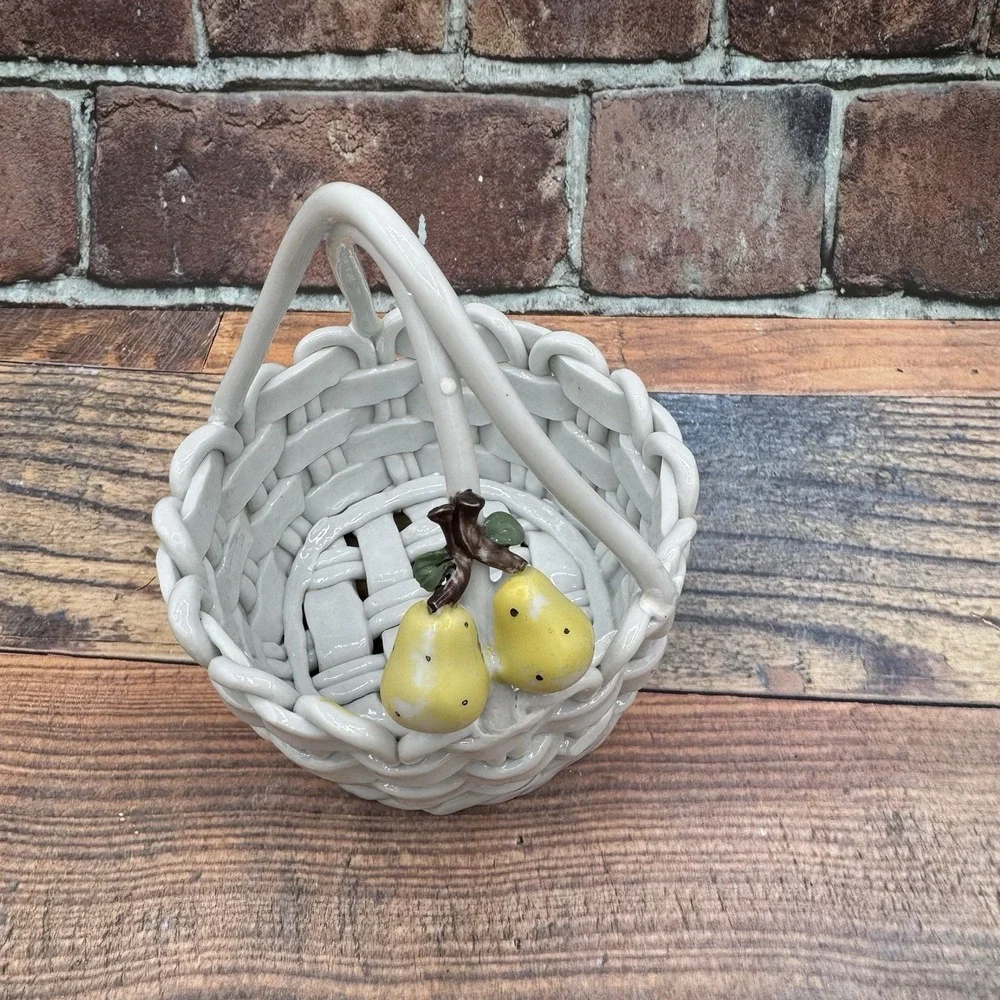 Vintage Ceramic Open Weave White Lattice Fruit Basket Pear Applique w Faux Fruit